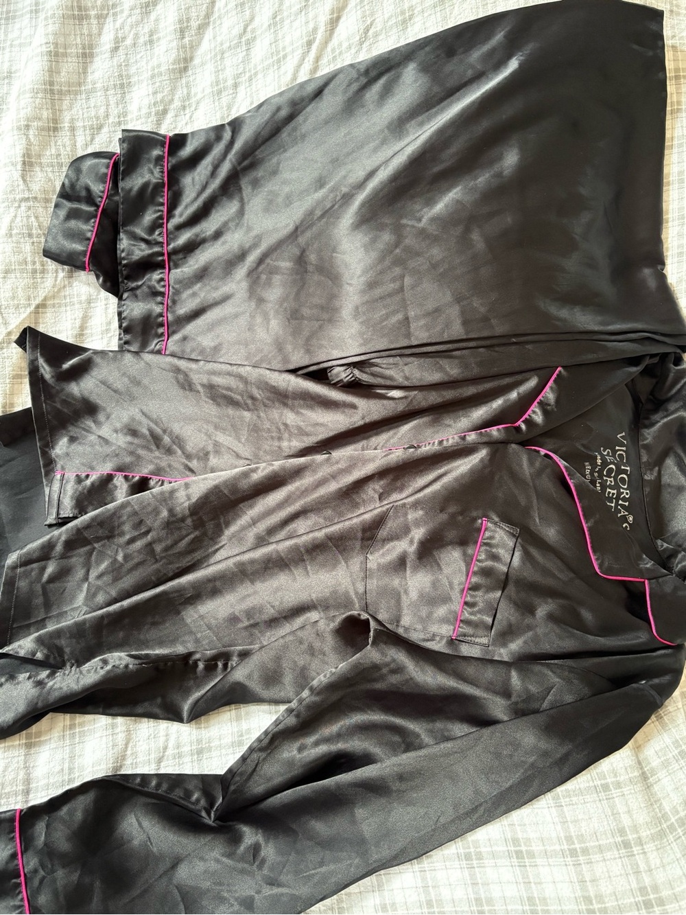 Victoria's Secret Black Satin Pajama Set with Pink Piping